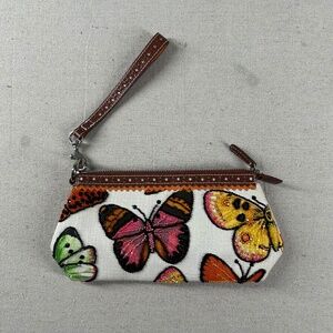 Isabella Fiore Purse Wallet Beaded Butterflies Canvas Zip Pockets Wrist Clutch